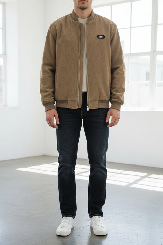 Mens Round Collar Winter Zipped Up Elbow Patch Jacket