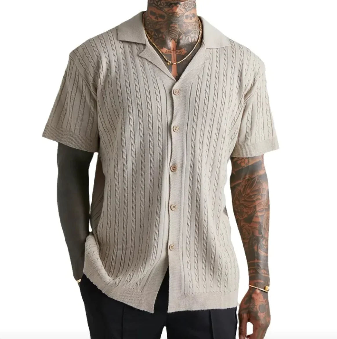 Camisa de Punto de Manga Corta con Botones para Hombre