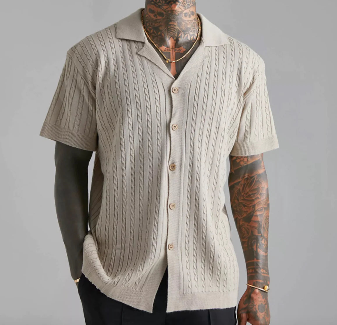Camisa de Punto de Manga Corta con Botones para Hombre