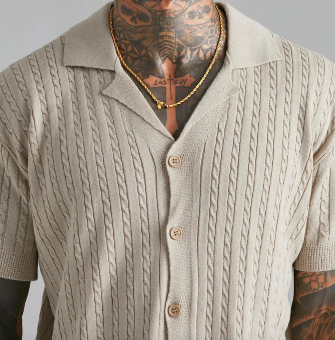 Camisa de Punto de Manga Corta con Botones para Hombre